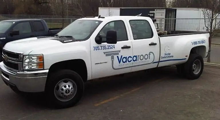 Vacaroof branded service truck in Barrie, Ontario